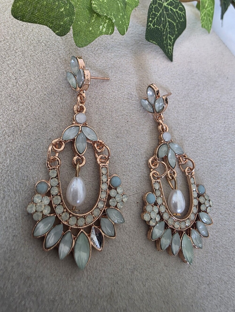 Gold Tone Mint Green Faux Pearl Chandelier Statement Drop Earrings
